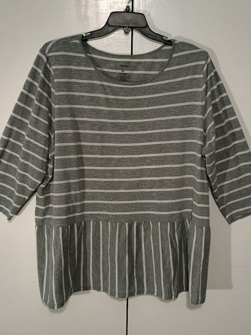 Sonoma Goods For Life 3X Gray White Striped Peplum Top 3/4 Sleeve Plus Size Cott - Picture 2 of 6
